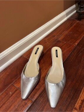 Zara Metallic Silver Pointed-Toe Mules